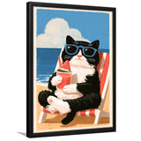 Cute Black White Cat On The Beach,Funny Pet Lover Art, Vintage Painting, Framed Art Print, Fine Art Wall Decor