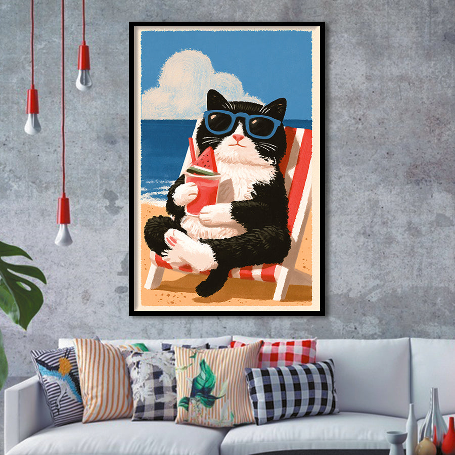 Cute Black White Cat On The Beach,Funny Pet Lover Art, Vintage Painting, Framed Art Print, Fine Art Wall Decor