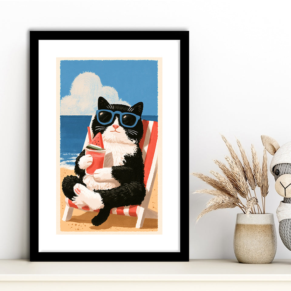 Cute Black White Cat On The Beach,Funny Pet Lover Art, Vintage Painting, Framed Art Print White Border