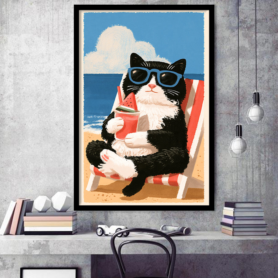 Cute Black White Cat On The Beach,Funny Pet Lover Art, Vintage Painting, Framed Art Print, Fine Art Wall Decor