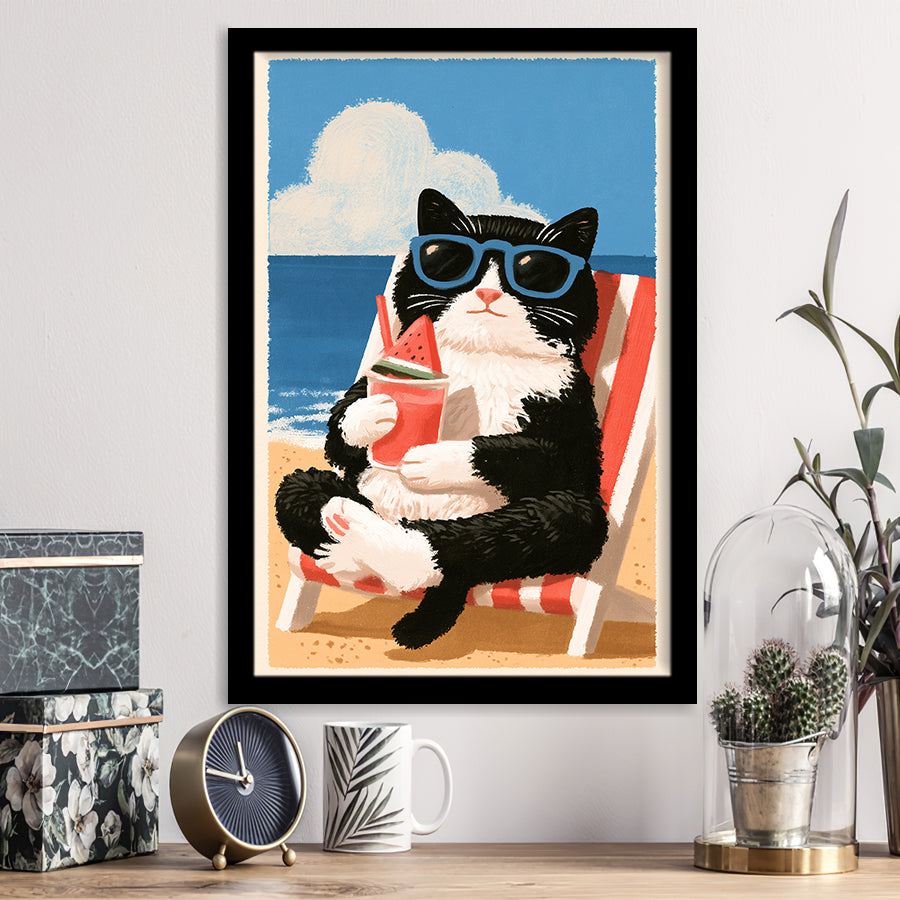 Cute Black White Cat On The Beach,Funny Pet Lover Art, Vintage Painting, Framed Art Print, Fine Art Wall Decor