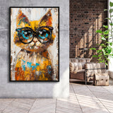 Cute Cat Wearing Glasses Portrait Painting Pet Art, Framed Canvas Painting, Framed Canvas Prints Wall Art Decor