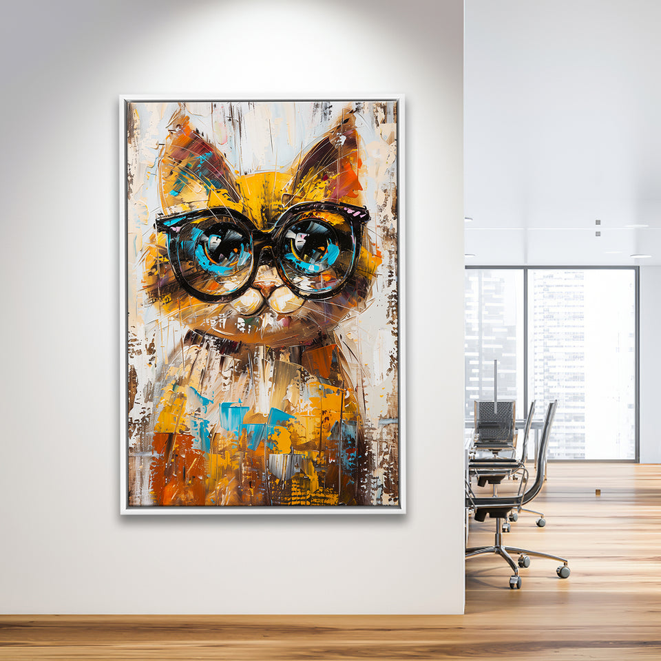 Cute Cat Wearing Glasses Portrait Painting Pet Art, Framed Canvas Painting, Framed Canvas Prints Wall Art Decor