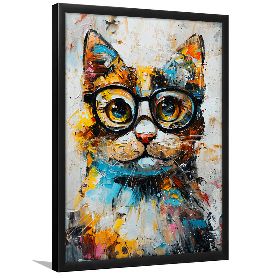 Cute Cat Wearing Glasses Portrait Painting, Pet Art V1, Framed Art Print Wall Decor, Framed Picture