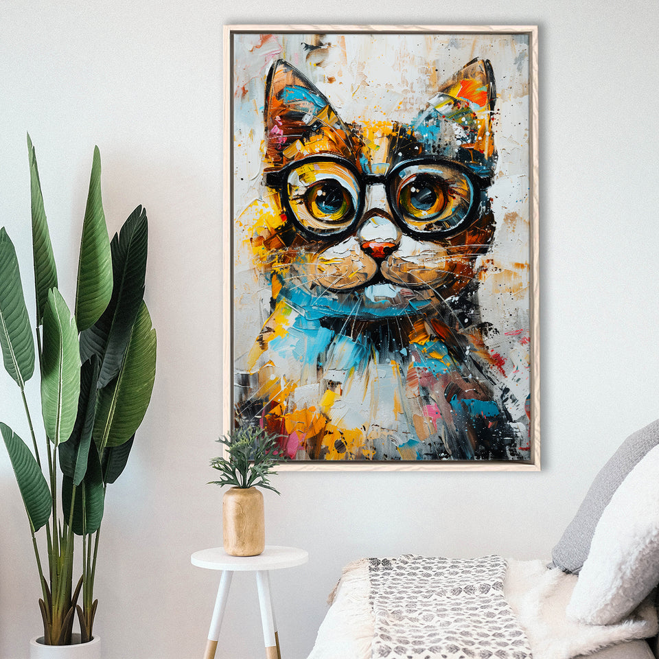Cute Cat Wearing Glasses Portrait Painting, Pet Art V1, Framed Canvas Painting, Framed Canvas Prints Wall Art Decor