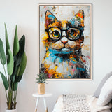 Cute Cat Wearing Glasses Portrait Painting, Pet Art V1, Framed Canvas Painting, Framed Canvas Prints Wall Art Decor