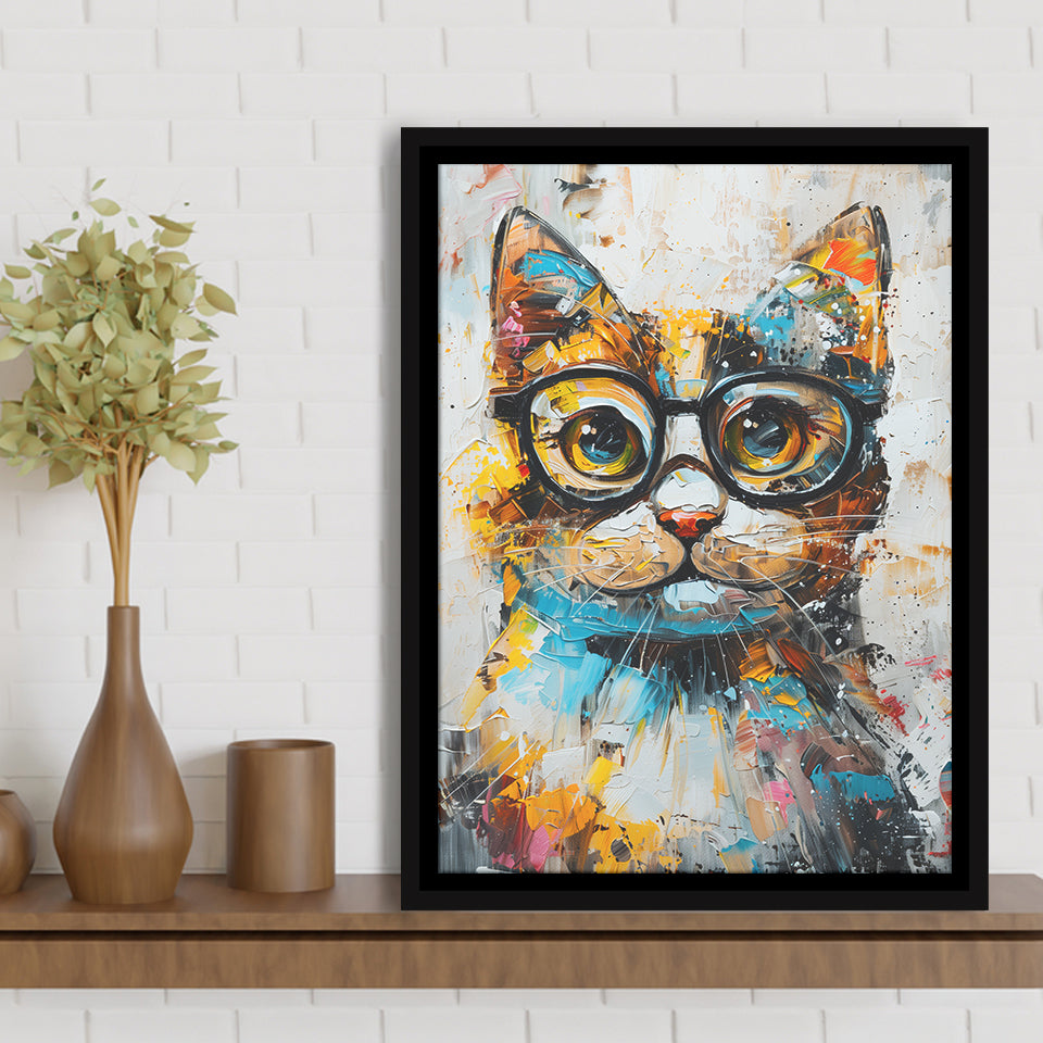 Cute Cat Wearing Glasses Portrait Painting, Pet Art V1, Framed Canvas Painting, Framed Canvas Prints Wall Art Decor