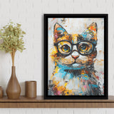 Cute Cat Wearing Glasses Portrait Painting, Pet Art V1, Framed Canvas Painting, Framed Canvas Prints Wall Art Decor