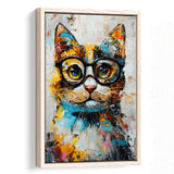 Cute Cat Wearing Glasses Portrait Painting, Pet Art V1, Framed Canvas Painting, Framed Canvas Prints Wall Art Decor