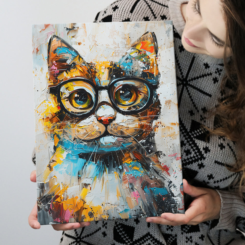 Cute Cat Wearing Glasses Portrait Painting, Pet Art V1, Canvas Painting, Canvas Prints Wall Art Decor