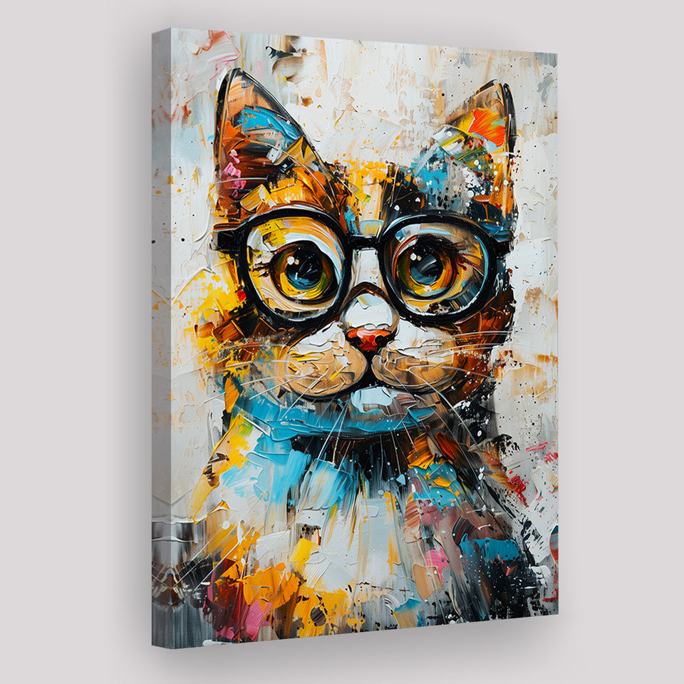 Cute Cat Wearing Glasses Portrait Painting, Pet Art V1, Canvas Painting, Canvas Prints Wall Art Decor