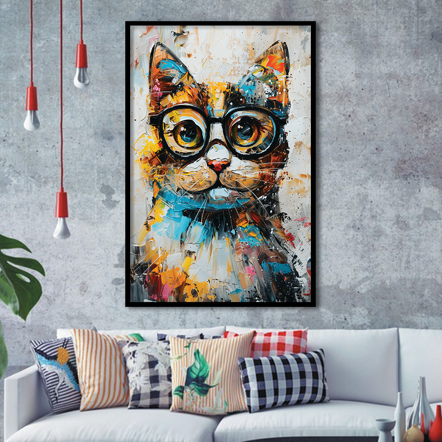 Cute Cat Wearing Glasses Portrait Painting, Pet Art V1, Framed Art Print Wall Decor, Framed Picture