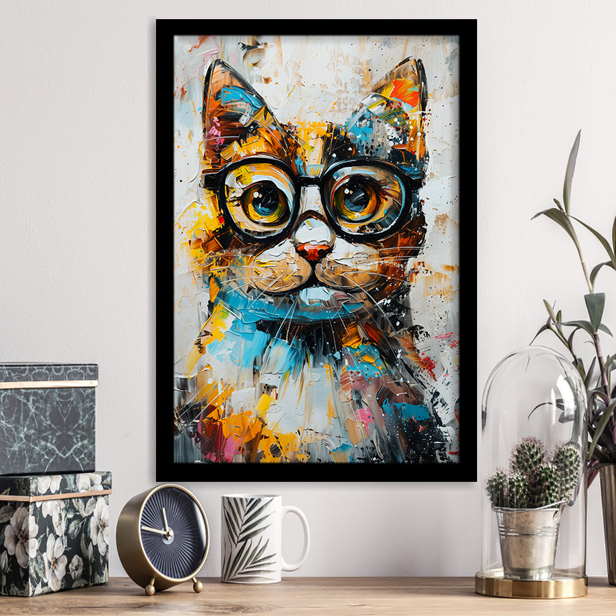 Cute Cat Wearing Glasses Portrait Painting, Pet Art V1, Framed Art Print Wall Decor, Framed Picture