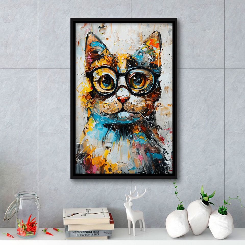 Cute Cat Wearing Glasses Portrait Painting, Pet Art V1, Framed Canvas Painting, Framed Canvas Prints Wall Art Decor