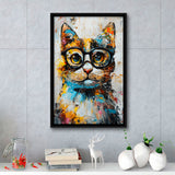 Cute Cat Wearing Glasses Portrait Painting, Pet Art V1, Framed Canvas Painting, Framed Canvas Prints Wall Art Decor