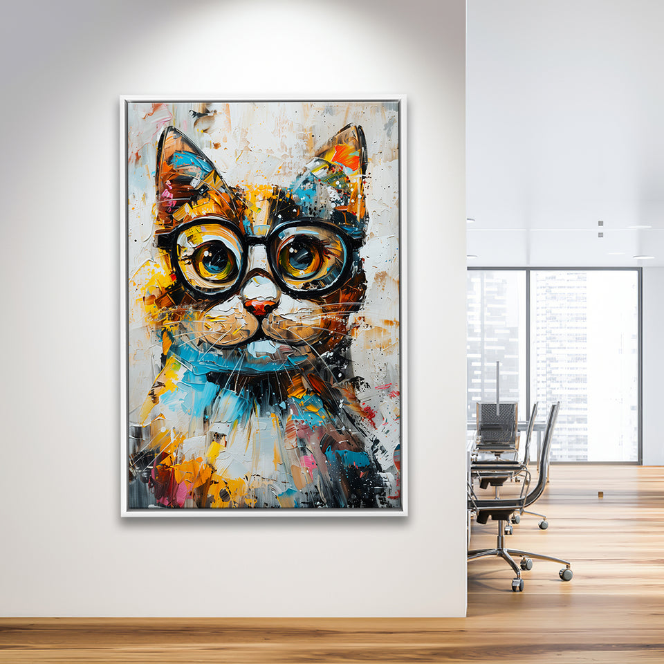 Cute Cat Wearing Glasses Portrait Painting, Pet Art V1, Framed Canvas Painting, Framed Canvas Prints Wall Art Decor