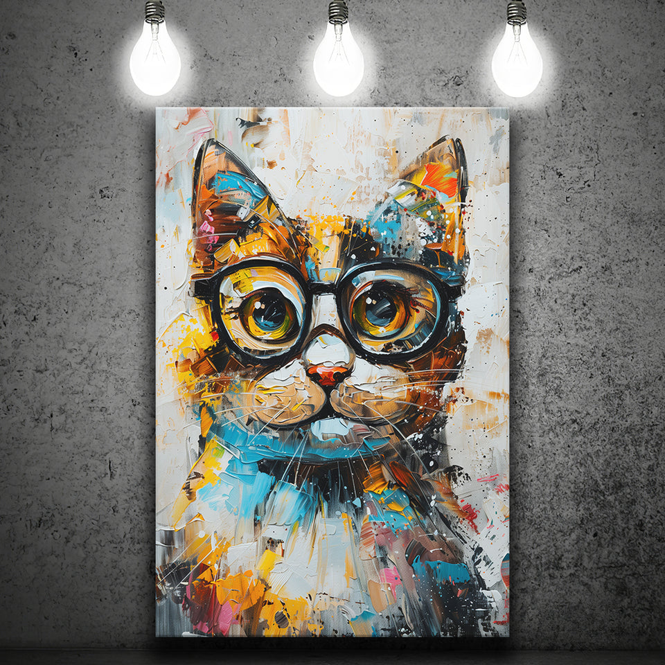 Cute Cat Wearing Glasses Portrait Painting, Pet Art V1, Canvas Painting, Canvas Prints Wall Art Decor