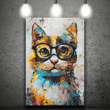 Cute Cat Wearing Glasses Portrait Painting, Pet Art V1, Canvas Painting, Canvas Prints Wall Art Decor