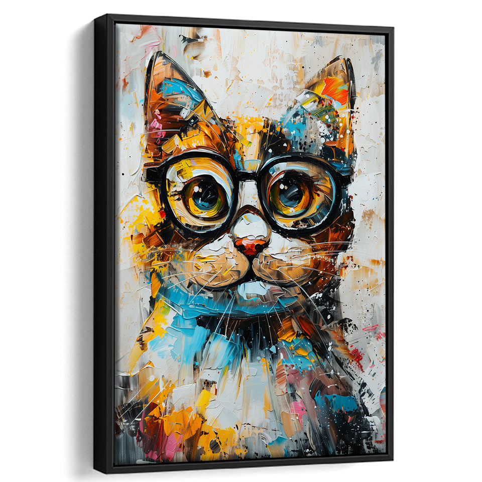 Cute Cat Wearing Glasses Portrait Painting, Pet Art V1, Framed Canvas Painting, Framed Canvas Prints Wall Art Decor