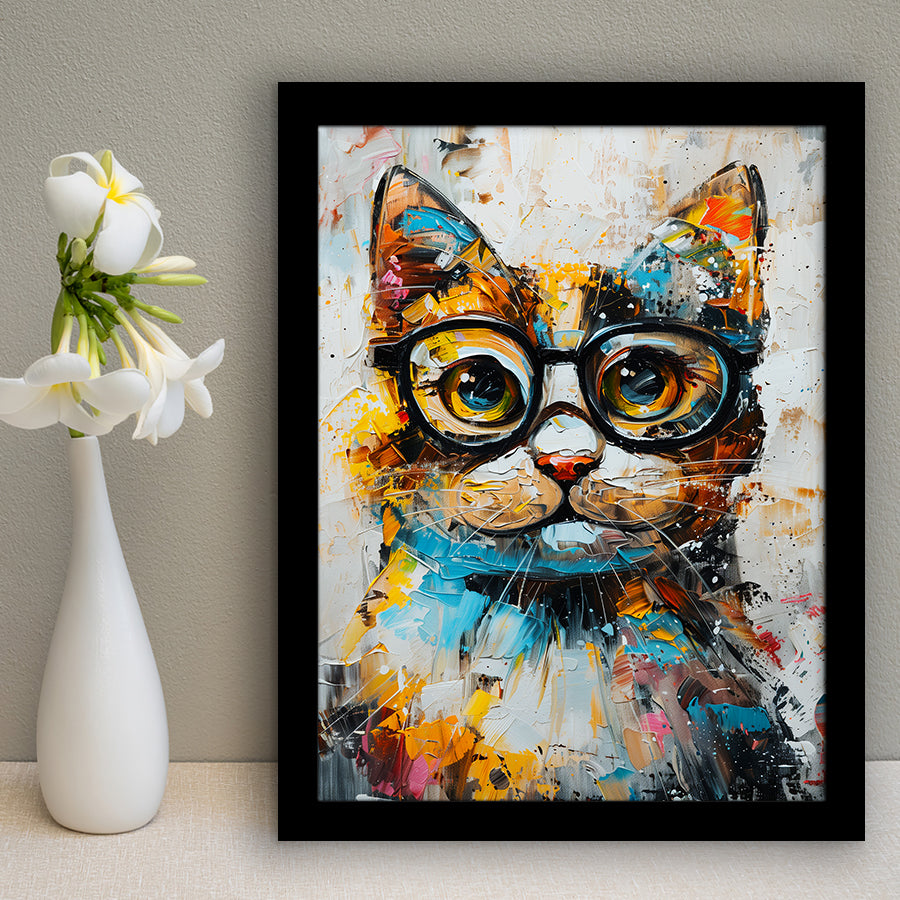 Cute Cat Wearing Glasses Portrait Painting, Pet Art V1, Framed Art Print Wall Decor, Framed Picture