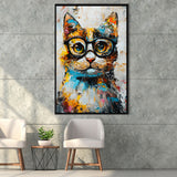 Cute Cat Wearing Glasses Portrait Painting, Pet Art V1, Framed Canvas Painting, Framed Canvas Prints Wall Art Decor