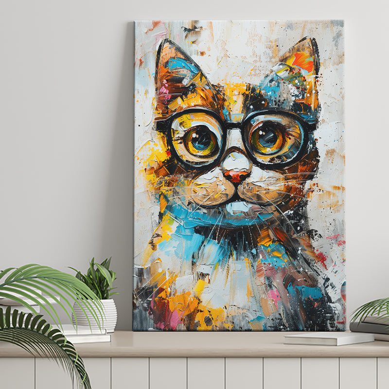 Cute Cat Wearing Glasses Portrait Painting, Pet Art V1, Canvas Painting, Canvas Prints Wall Art Decor