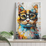 Cute Cat Wearing Glasses Portrait Painting, Pet Art V1, Canvas Painting, Canvas Prints Wall Art Decor