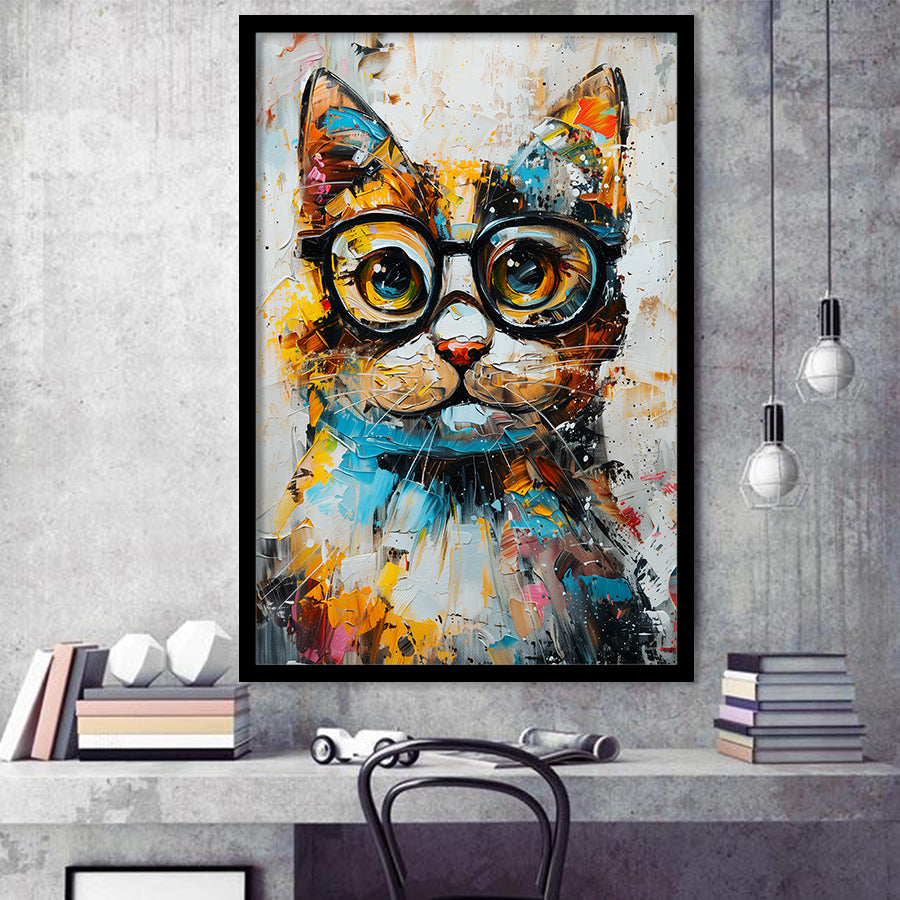 Cute Cat Wearing Glasses Portrait Painting, Pet Art V1, Framed Art Print Wall Decor, Framed Picture