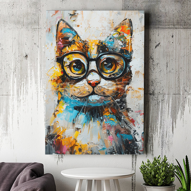 Cute Cat Wearing Glasses Portrait Painting, Pet Art V1, Canvas Painting, Canvas Prints Wall Art Decor