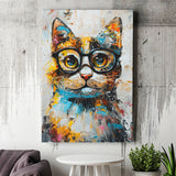 Cute Cat Wearing Glasses Portrait Painting, Pet Art V1, Canvas Painting, Canvas Prints Wall Art Decor