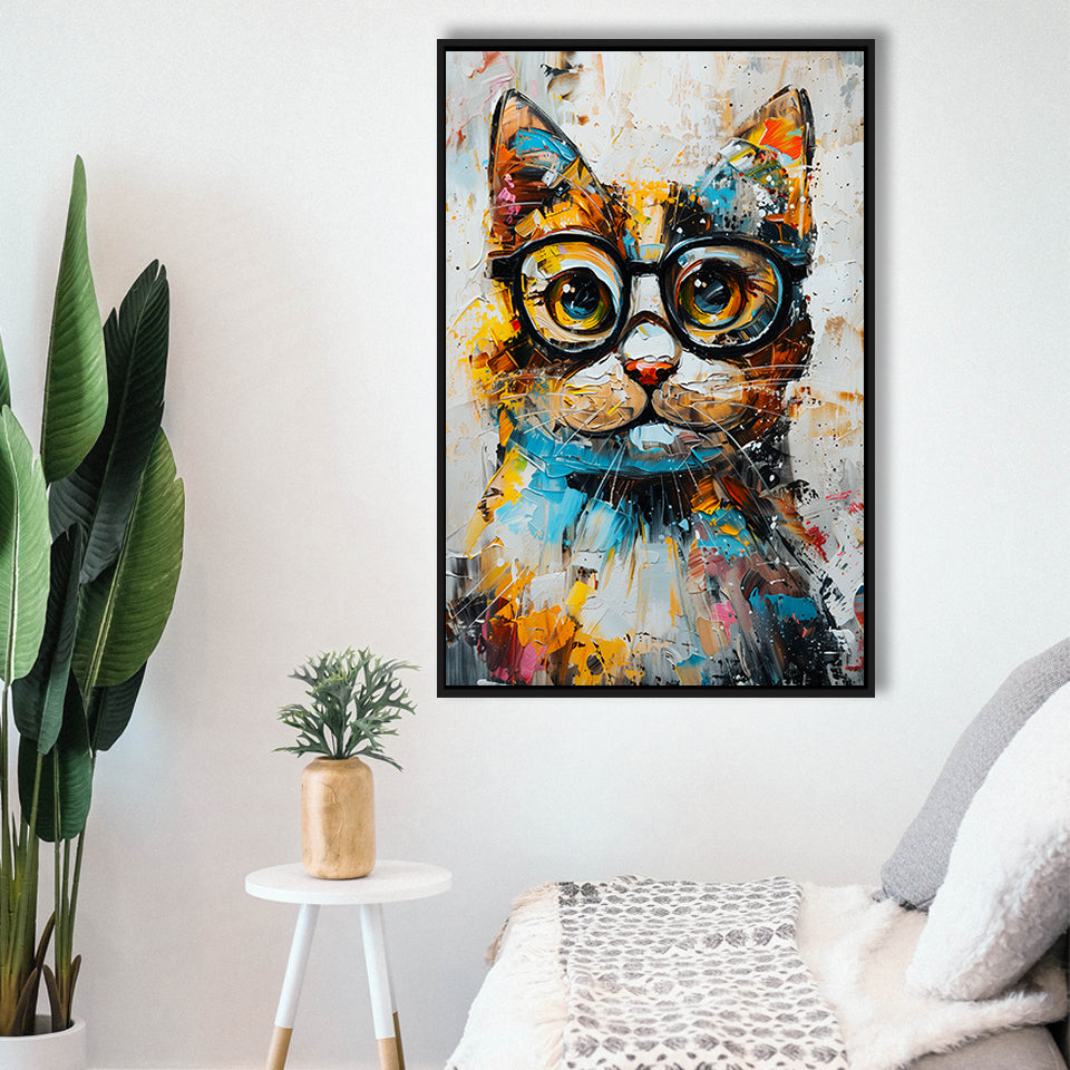 Cute Cat Wearing Glasses Portrait Painting, Pet Art V1, Framed Canvas Painting, Framed Canvas Prints Wall Art Decor
