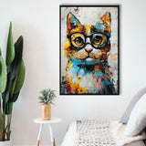 Cute Cat Wearing Glasses Portrait Painting, Pet Art V1, Framed Canvas Painting, Framed Canvas Prints Wall Art Decor