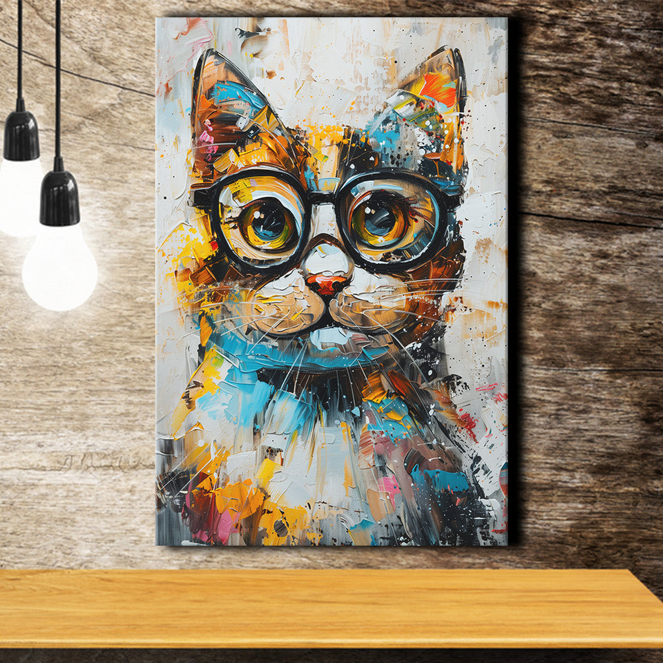 Cute Cat Wearing Glasses Portrait Painting, Pet Art V1, Canvas Painting, Canvas Prints Wall Art Decor