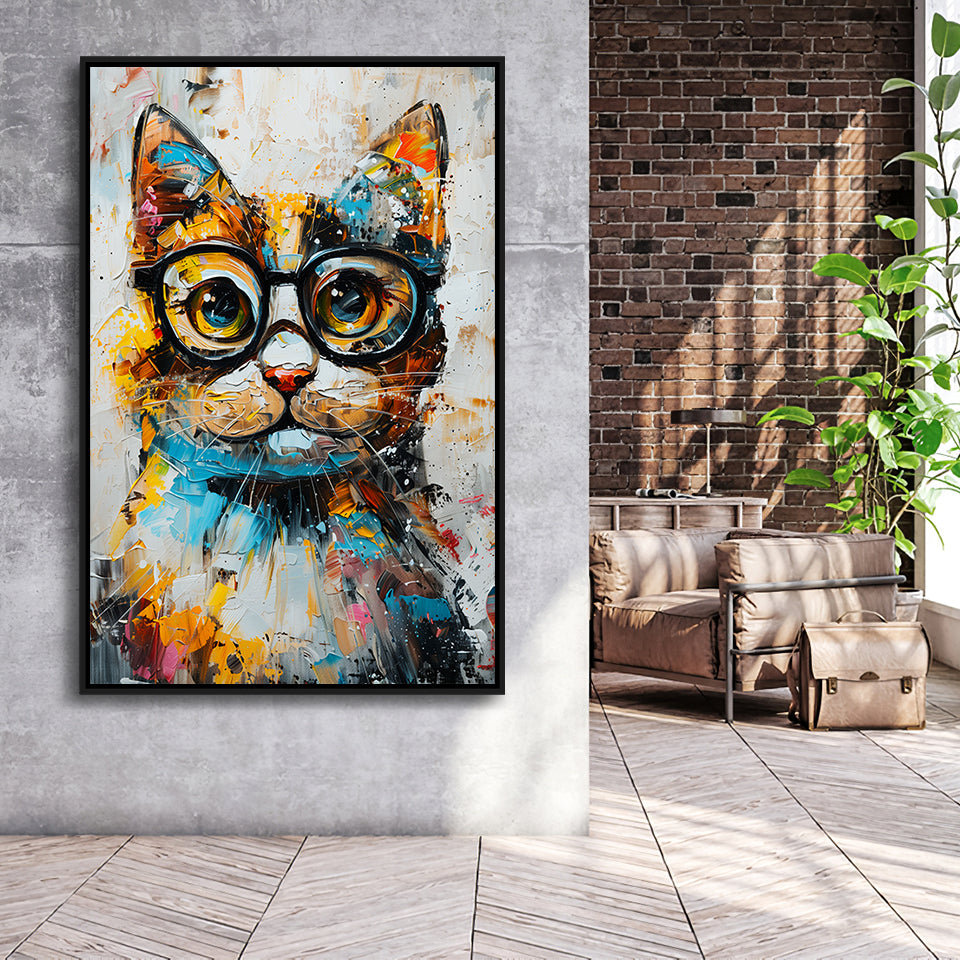 Cute Cat Wearing Glasses Portrait Painting, Pet Art V1, Framed Canvas Painting, Framed Canvas Prints Wall Art Decor