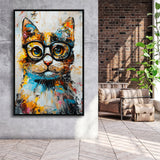 Cute Cat Wearing Glasses Portrait Painting, Pet Art V1, Framed Canvas Painting, Framed Canvas Prints Wall Art Decor
