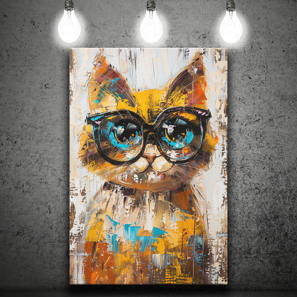 Cute Cat Wearing Glasses Portrait Painting Pet Art, Canvas Painting, Canvas Prints Wall Art Decor