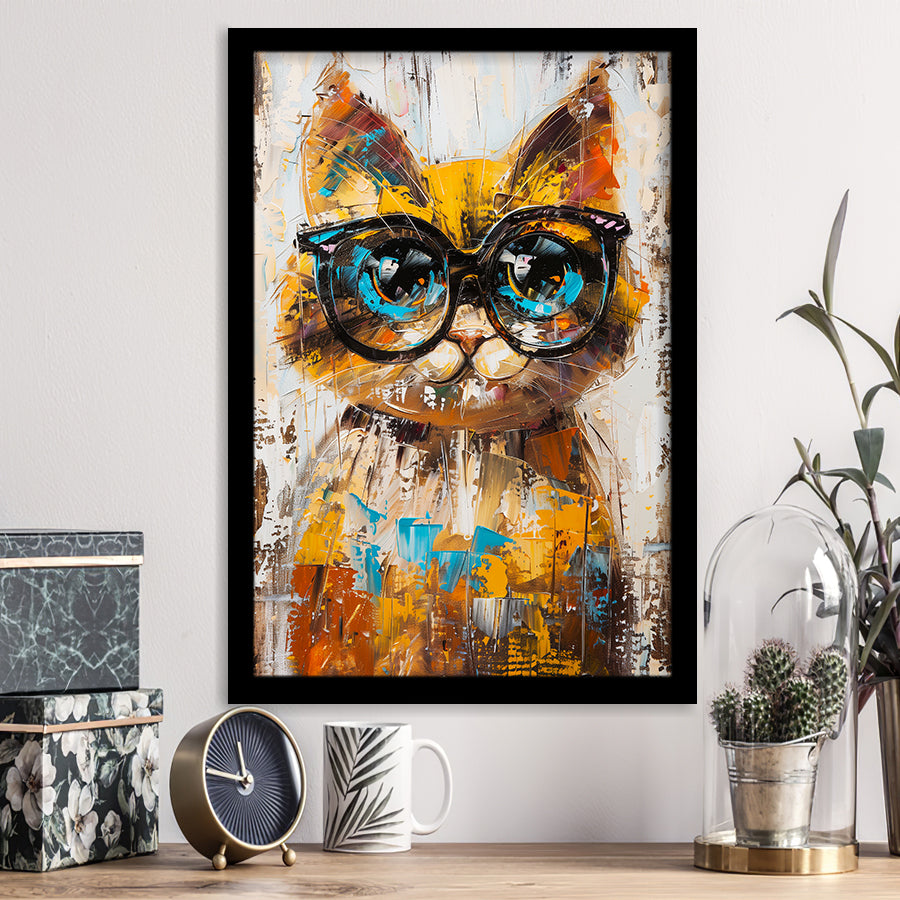 Cute Cat Wearing Glasses Portrait Painting Pet Art, Framed Art Print Wall Decor, Framed Picture