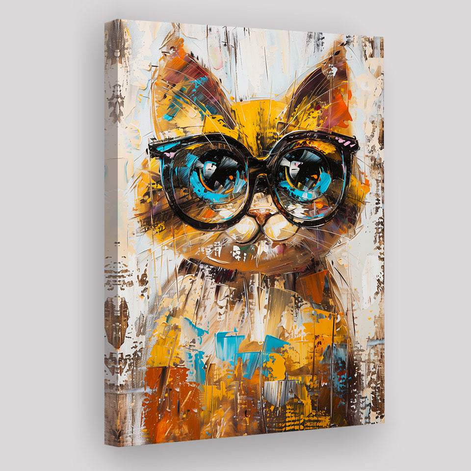 Cute Cat Wearing Glasses Portrait Painting Pet Art, Canvas Painting, Canvas Prints Wall Art Decor