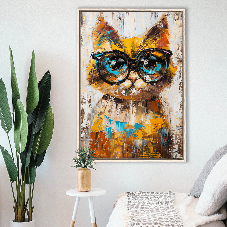 Cute Cat Wearing Glasses Portrait Painting Pet Art, Framed Canvas Painting, Framed Canvas Prints Wall Art Decor