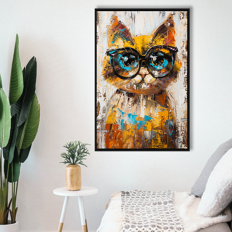 Cute Cat Wearing Glasses Portrait Painting Pet Art, Framed Canvas Painting, Framed Canvas Prints Wall Art Decor