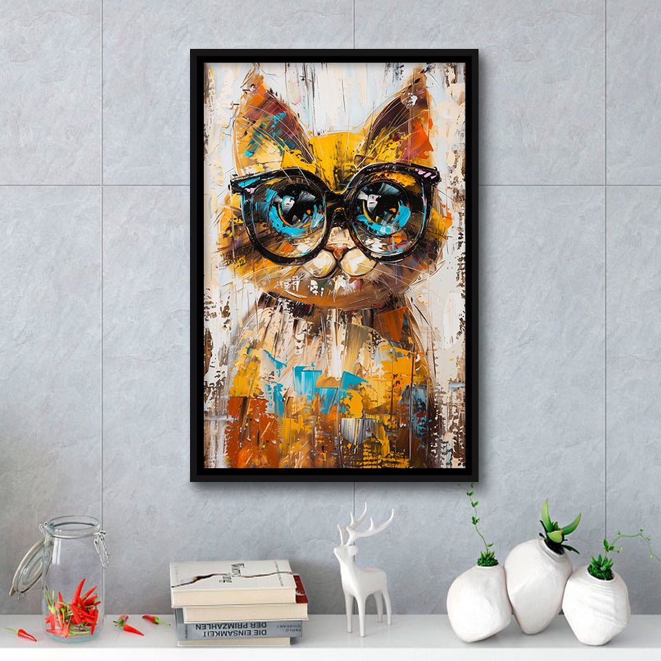 Cute Cat Wearing Glasses Portrait Painting Pet Art, Framed Canvas Painting, Framed Canvas Prints Wall Art Decor