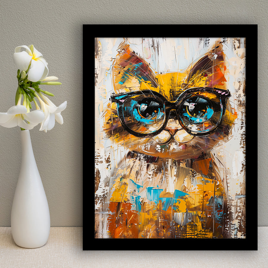 Cute Cat Wearing Glasses Portrait Painting Pet Art, Framed Art Print Wall Decor, Framed Picture