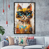 Cute Cat Wearing Glasses Portrait Painting Pet Art, Framed Art Print Wall Decor, Framed Picture