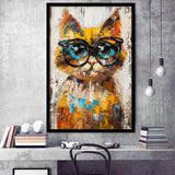 Cute Cat Wearing Glasses Portrait Painting Pet Art, Framed Art Print Wall Decor, Framed Picture