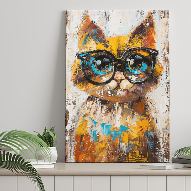 Cute Cat Wearing Glasses Portrait Painting Pet Art, Canvas Painting, Canvas Prints Wall Art Decor