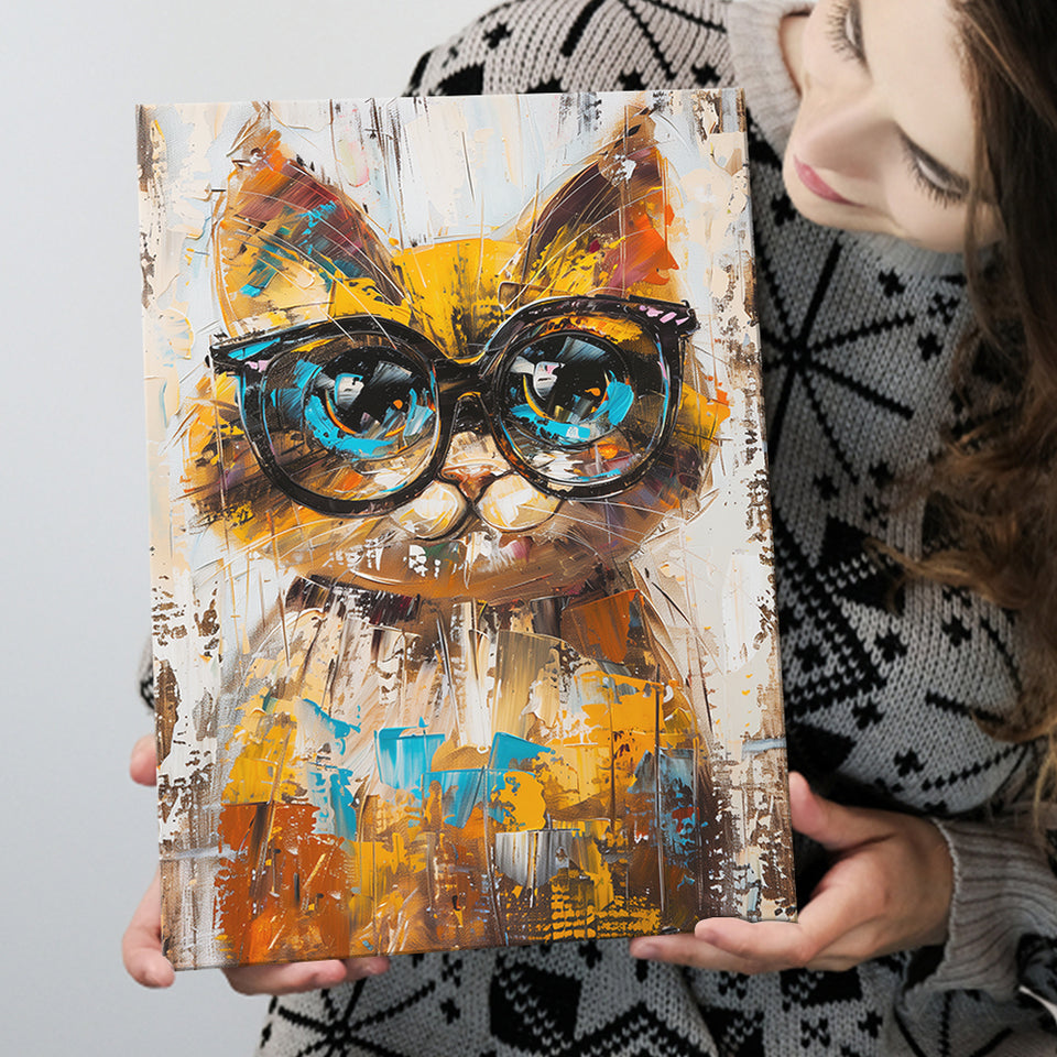 Cute Cat Wearing Glasses Portrait Painting Pet Art, Canvas Painting, Canvas Prints Wall Art Decor