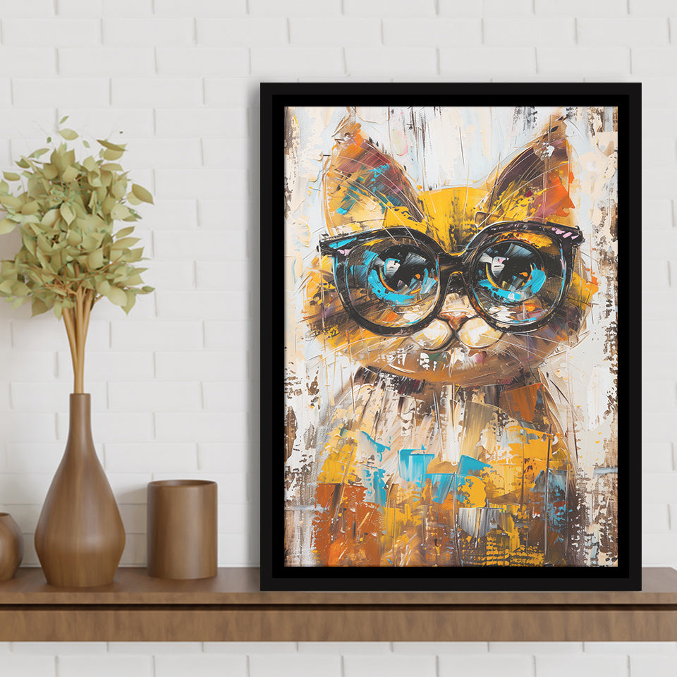 Cute Cat Wearing Glasses Portrait Painting Pet Art, Framed Canvas Painting, Framed Canvas Prints Wall Art Decor
