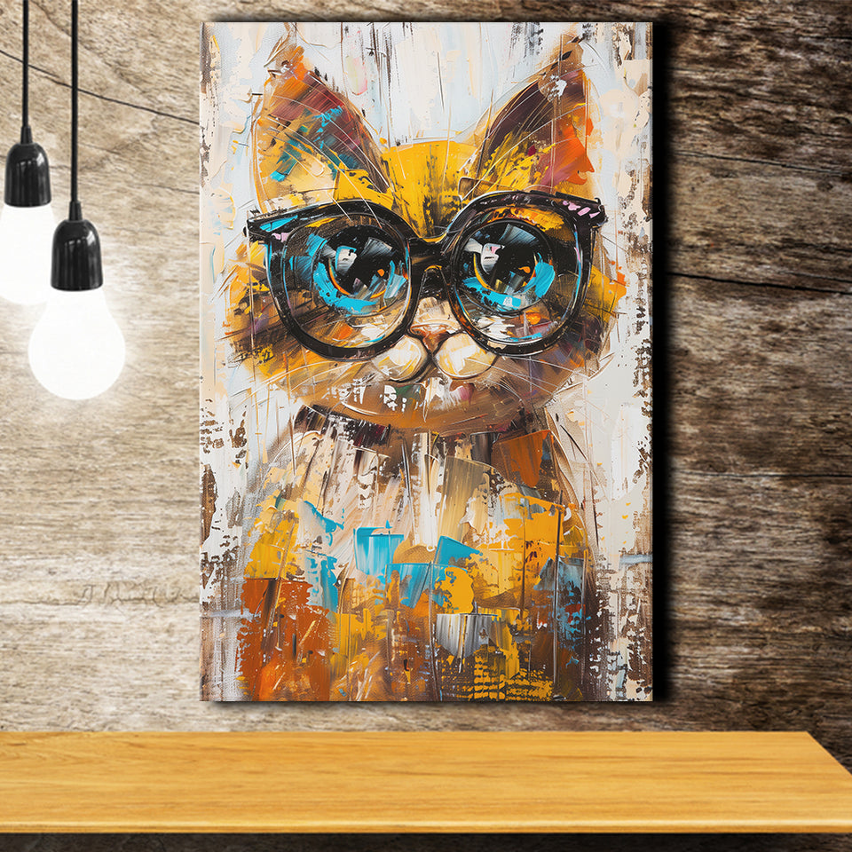 Cute Cat Wearing Glasses Portrait Painting Pet Art, Canvas Painting, Canvas Prints Wall Art Decor
