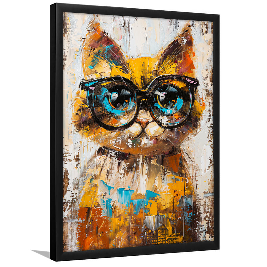 Cute Cat Wearing Glasses Portrait Painting Pet Art, Framed Art Print Wall Decor, Framed Picture