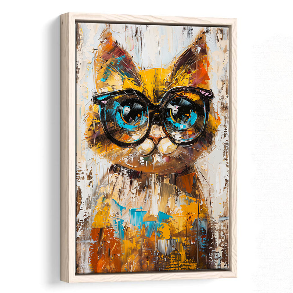 Cute Cat Wearing Glasses Portrait Painting Pet Art, Framed Canvas Painting, Framed Canvas Prints Wall Art Decor